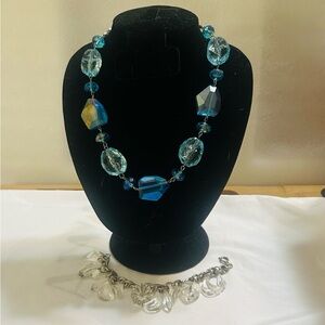 Vintage Chunky Charm Bracelet & Necklace with Ice and Topaz Blue Faceted Beads